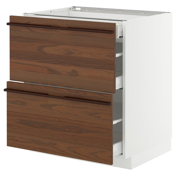 Dark brown wood cabinet with white interior and two open drawers.