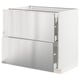 White modern kitchen cabinet with stainless steel drawers and doors.