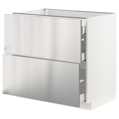 White modern kitchen cabinet with stainless steel drawers and doors.