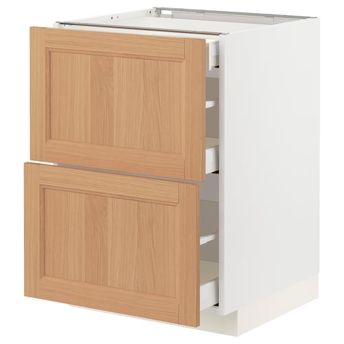 White ikea METOD kitchen cabinet with oak drawers.