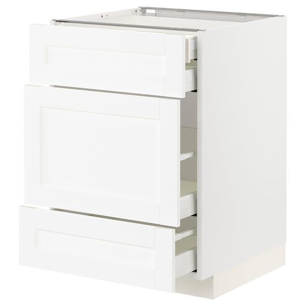 White METOD kitchen cabinet with multiple drawers and shelves.