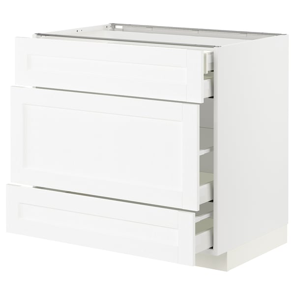 Ikea METOD white kitchen cabinet, sleek design with multiple drawers.