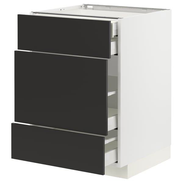 Modern kitchen unit in black & white, three drawers, sleek design.