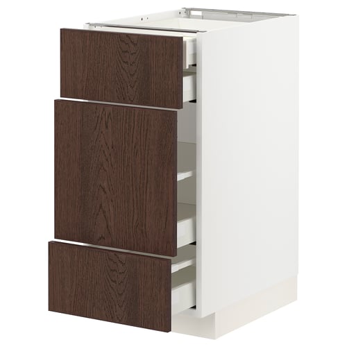 Modern kitchen unit, white & dark brown, three drawers, sleek design.