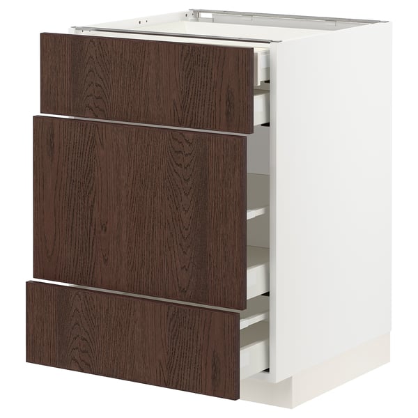 A METOD kitchen cabinet with dark brown sinarp drawers featuring solid wood edges, offering a rustic yet modern design.