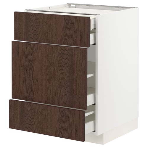 A METOD kitchen cabinet with dark brown sinarp drawers featuring solid wood edges, offering a rustic yet modern design.