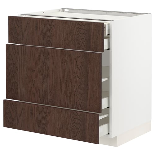 Modern kitchen unit with dark brown wood grain drawers and white frame, three drawers.