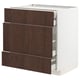 Modern kitchen unit with dark brown wood grain drawers and white frame, three drawers.