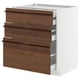 Modern kitchen cabinet with brown wooden drawers and white frame.