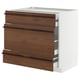 Modern kitchen unit with dark brown wooden drawers and metal handles.