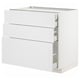 White METOD kitchen cabinet set with three drawers. Modern, crafted look, made from particleboard & steel.