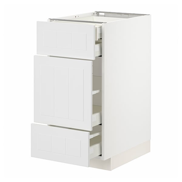 White METOD kitchen cabinet with three pullout drawers and two doors.