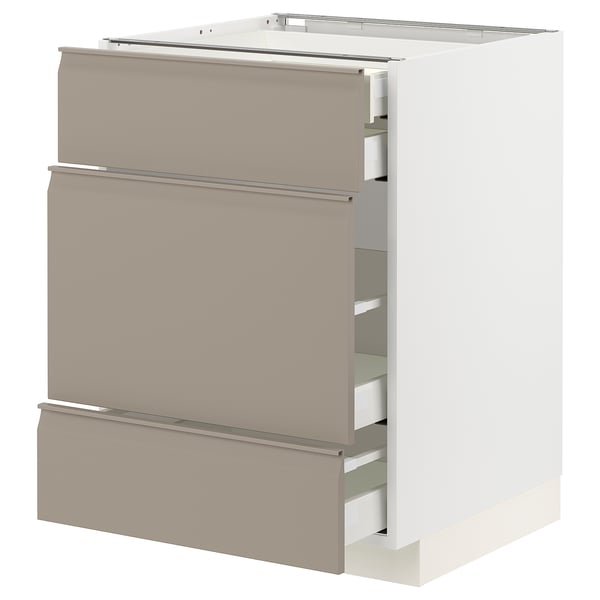 Modern kitchen unit: METOD, beige, three drawers, sleek handles, white frame.