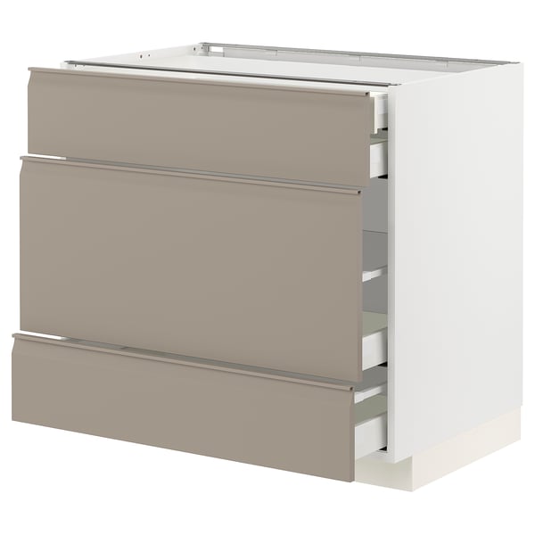 METOD kitchen unit in grey-beige with modern, integrated handles and multiple drawers.