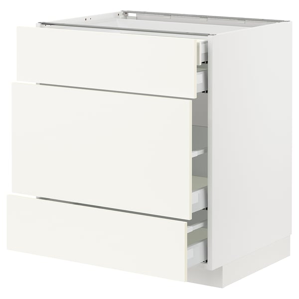 White METOD kitchen cabinet, sleek and modern, featuring full-extension drawers, sturdy particleboard frame, and smooth-running mechanisms.