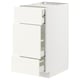 White METOD kitchen cabinet with vallstena fronts, three drawers, sleek minimalist design.