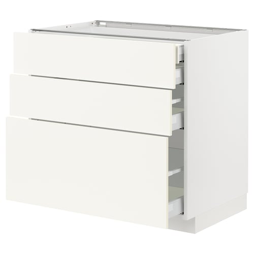 METOD white kitchen cabinet with three drawers, sleek modern design.