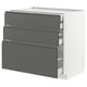 Modern dark grey kitchen cabinet with three drawers and sleek handles.
