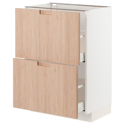 Modern kitchen cabinet with light wood doors, two drawers, sleek handles.
