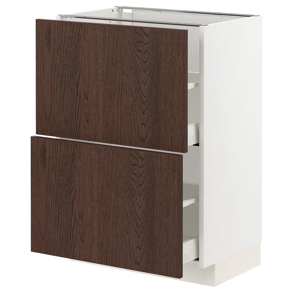 METOD kitchen unit, dark brown, wood grain, 2 drawers, white frame, square shape.