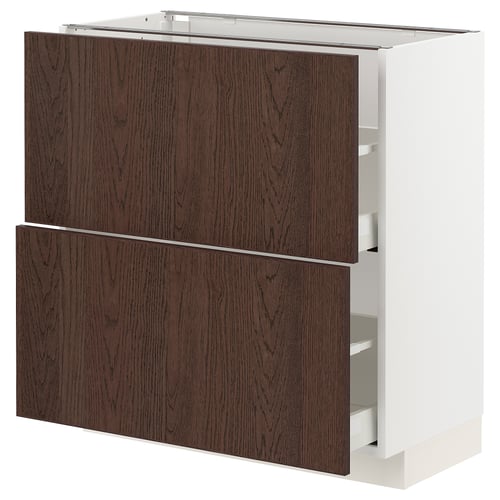 Modular kitchen unit: METOD with dark brown sinarp fronts, oak veneer, soft-close drawers.