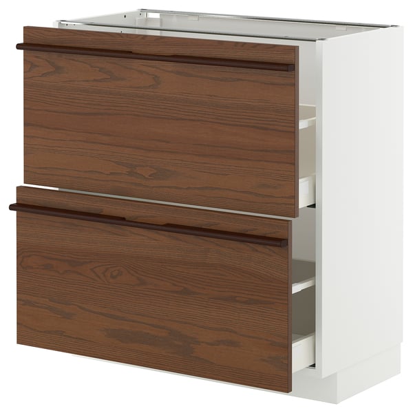 METOD kitchen cabinet, dark brown, wood grain, two drawers, white frame.