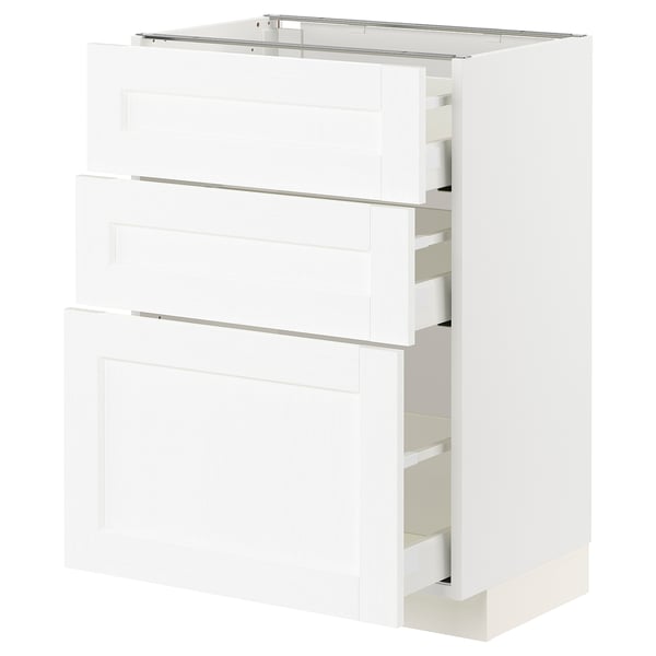 This image shows a white ikea METOD kitchen cabinet with three drawers and one shelf.