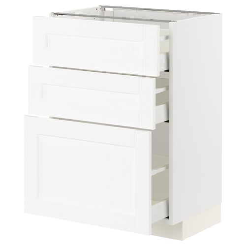 This image shows a white ikea METOD kitchen cabinet with three drawers and one shelf.