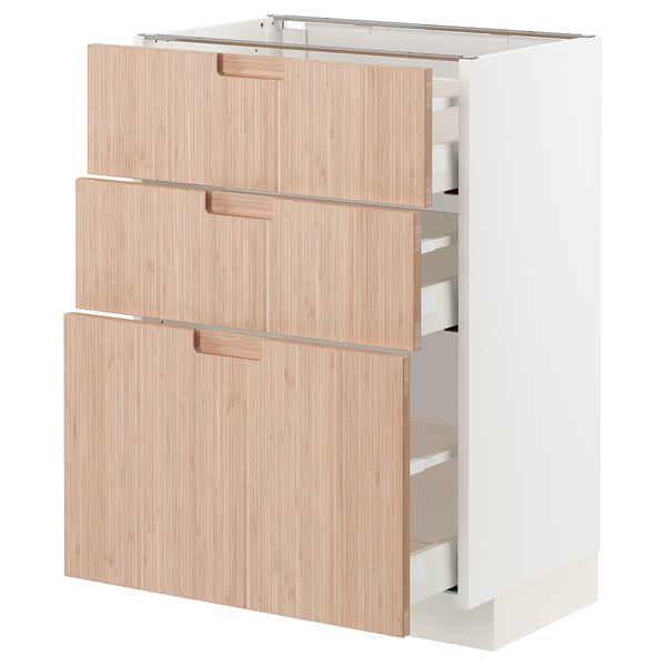 METOD kitchen unit with light bamboo drawers and white frame.