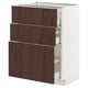 White METOD kitchen cabinet with dark brown wooden drawers, three drawers, square shape, modern design.