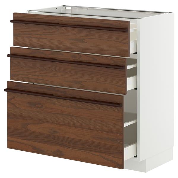 METOD drawer unit with dark brown stensna fronts, five drawers, sturdy build, ash veneer, rectangular shape.