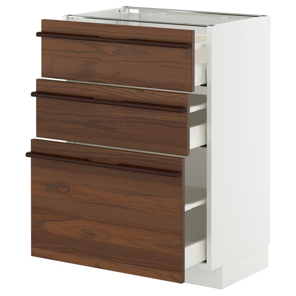 White METOD kitchen unit with dark brown drawers.