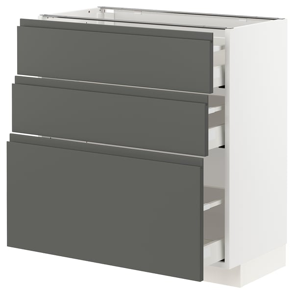 An ikea METOD kitchen unit in dark grey with three drawers. It has a modern, sleek design with no visible handles, offering ample storage space.