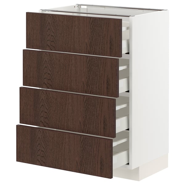 Modern kitchen unit: METOD. Four dark brown sinarp drawers with oak veneer on white base. Rectangular, sleek design.