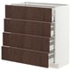 Dark brown wooden drawers on white cabinet, modern kitchen storage unit.