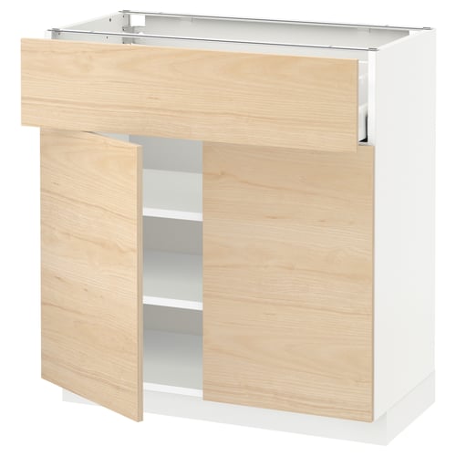 METOD kitchen unit with light ash wood doors, white base, 3 shelves, 25-year guarantee.
