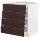 Modern kitchen unit, white with dark brown wood drawers, five full-extension drawers, sleek design.