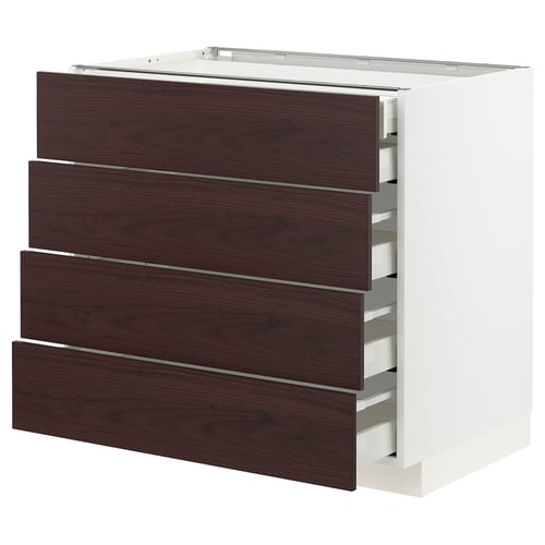 Dark wood drawer unit, white base, four full-extension drawers, modern kitchen storage.