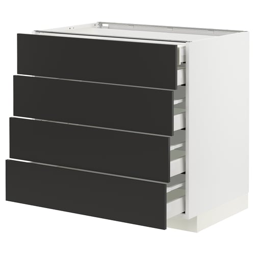 Modern kitchen unit, white with black drawers. Four full-extension drawers, sleek design.