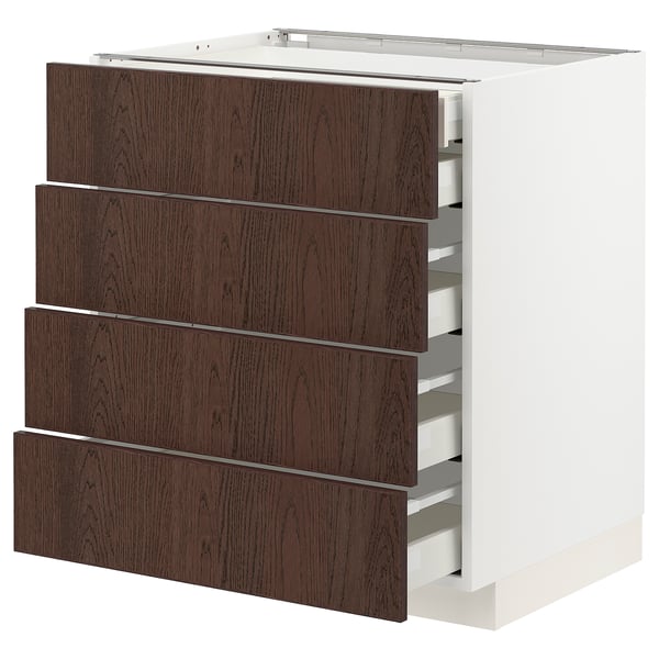 Modern white cabinet with four dark wood drawers, sleek and minimalist design.