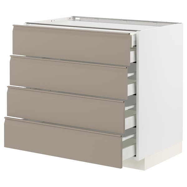 METOD kitchen unit with 4 grey-beige drawers. Modern design, matte finish, integrated handles.