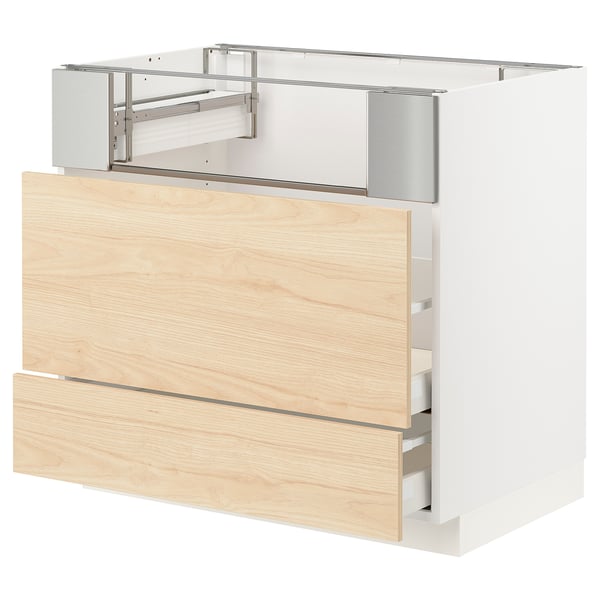 Wood cabinet with stainless drawer, modern look.