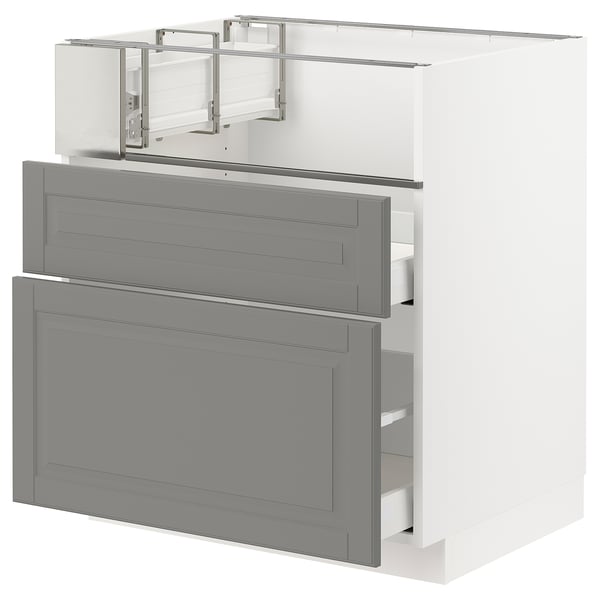 Modern grey kitchen cabinet with soft-close drawers, white frame.