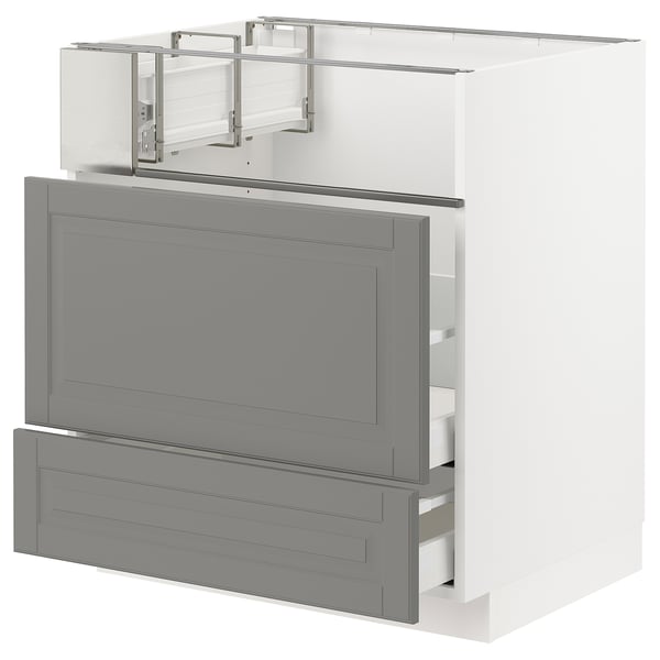 A grey METOD kitchen cabinet with a traditional design and bevelled edges. It three drawers and a door.