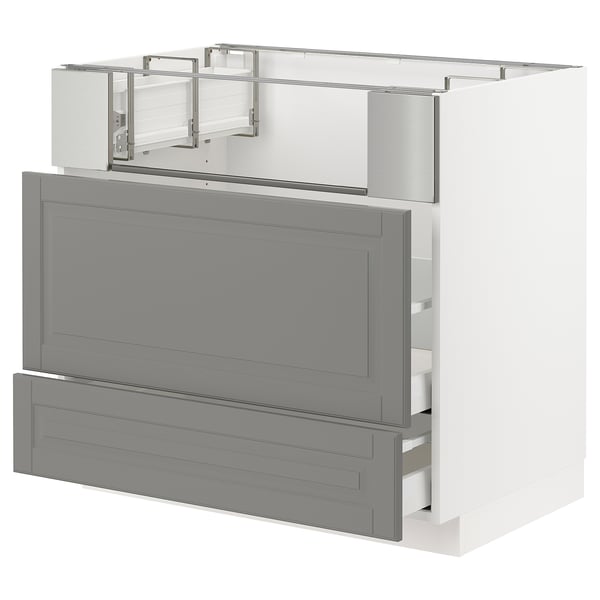 Grey METOD kitchen cabinets with traditional design, base & wall units, bevelled edges, full-extension drawers.