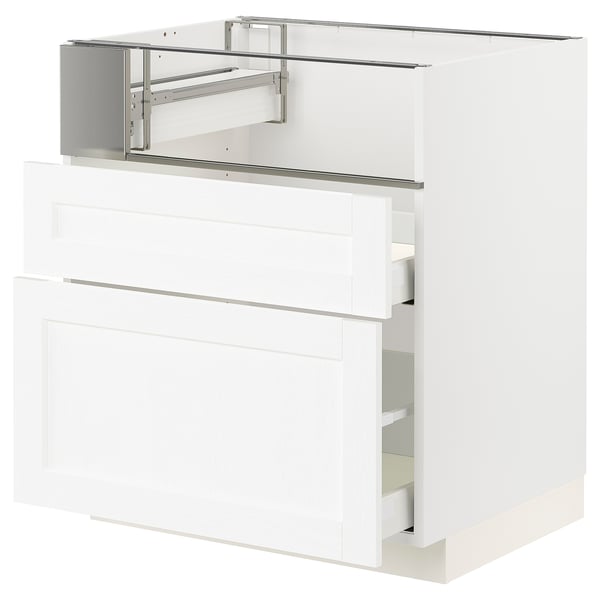 METOD kitchen cabinet in white with three drawers, modern design, stainless steel handles.