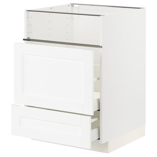 White kitchen cabinet with two drawers and a door.