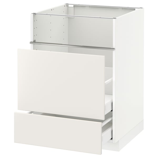 A white METOD kitchen cabinet with two drawers and an open upper section.