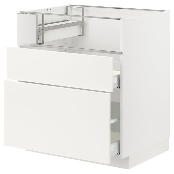 White METOD kitchen unit with drawers, smooth white finish, three drawers, modern minimalist design.
