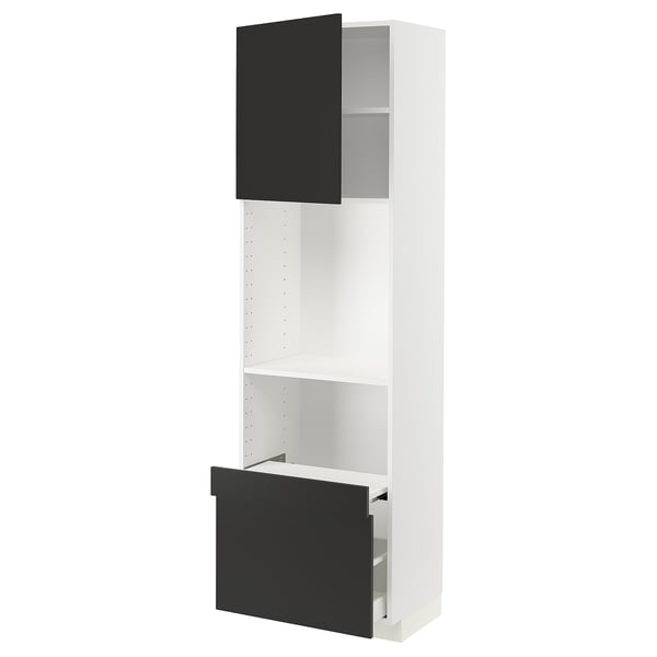 Black and white METOD kitchen unit with open shelves and drawers.